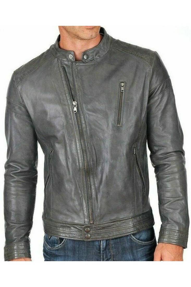 Men's genuine grey leather timeless style biker jacket