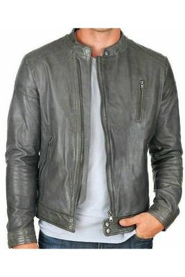 Men's genuine grey leather timeless style biker jacket 2