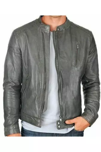 Men's genuine grey leather timeless style biker jacket