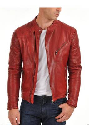 Men's red leather timeless style real lambskin biker jacket 1
