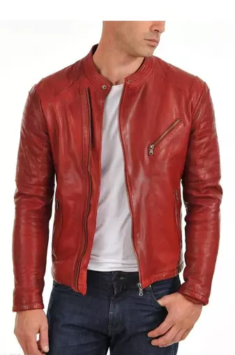 Men's red leather timeless style real lambskin biker jacket