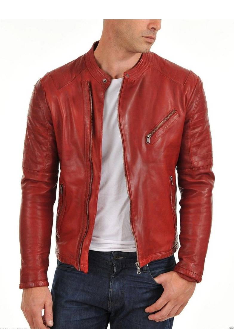 Men's red leather timeless style real lambskin biker jacket