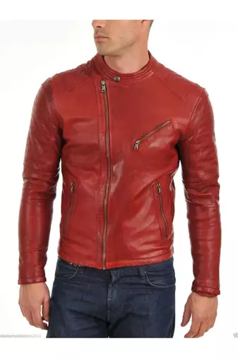 Men's red leather timeless style real lambskin biker jacket