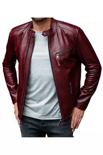 Men burgundy leather timeless style real lambskin casual jacket