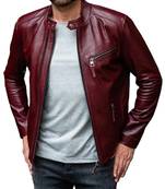 Men burgundy leather timeless style real lambskin casual jacket