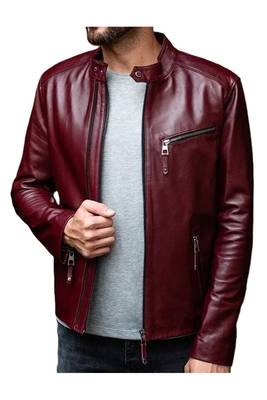 Men burgundy leather timeless style real lambskin casual jacket 2