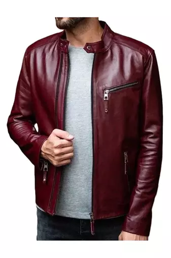 Men burgundy leather timeless style real lambskin casual jacket