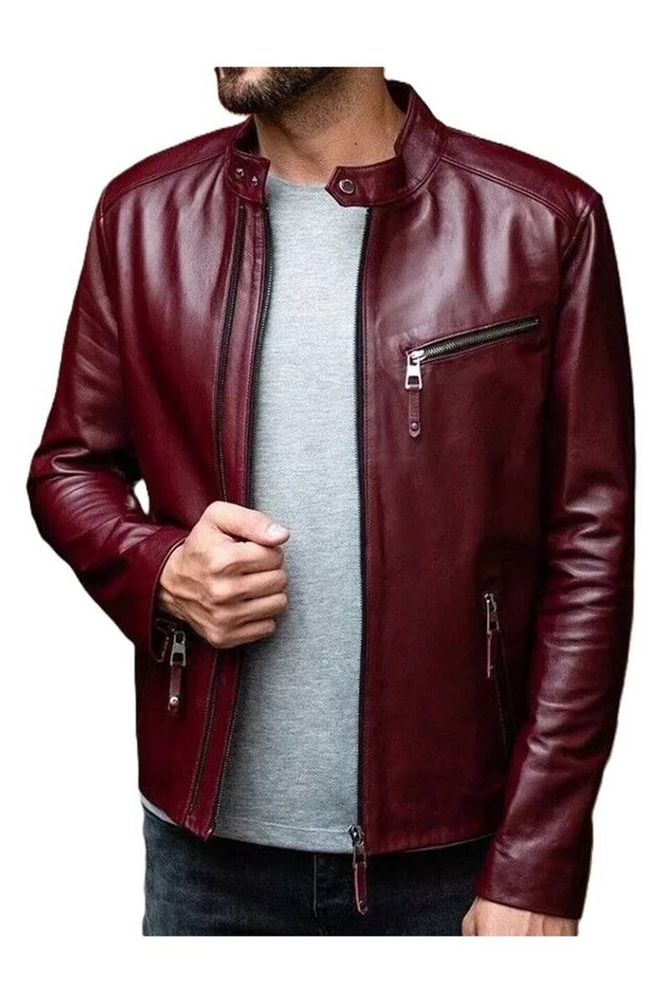 Men burgundy leather timeless style real lambskin casual jacket