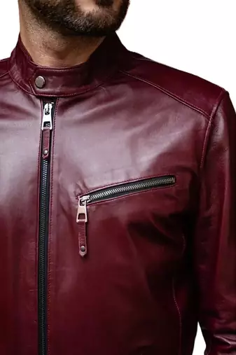 Men burgundy leather timeless style real lambskin casual jacket