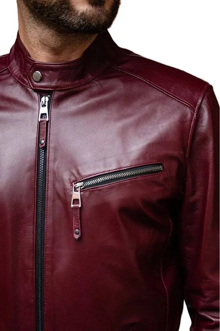 Men burgundy leather timeless style real lambskin casual jacket