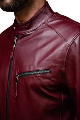 Men burgundy leather timeless style real lambskin casual jacket 4