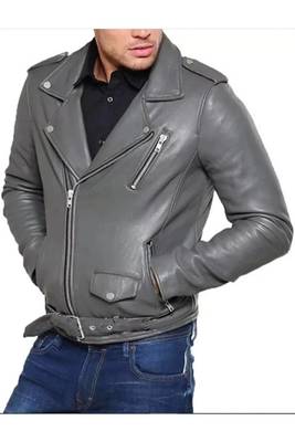 Men's grey leather smart casual lambskin biker jacket 1