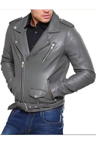 Men's grey leather smart casual lambskin biker jacket