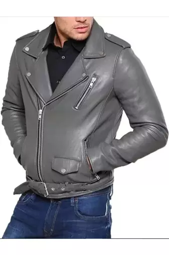 Men's grey leather smart casual lambskin biker jacket