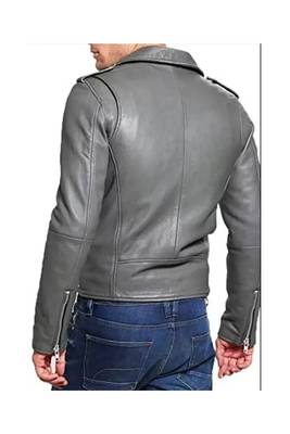 Men's grey leather smart casual lambskin biker jacket 2