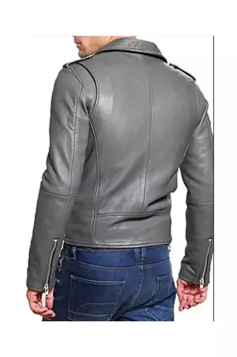 Men's grey leather smart casual lambskin biker jacket