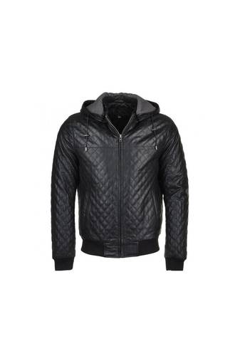 Men's black quilted leather daily wear hoodies jacket