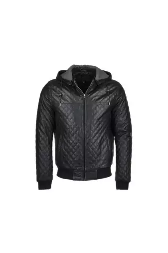 Men's black quilted leather daily wear hoodies jacket