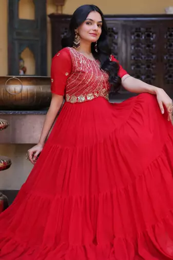 Red zari & sequins work blooming gown