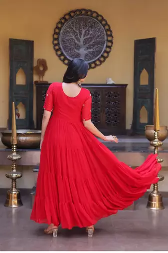 Red zari & sequins work blooming gown