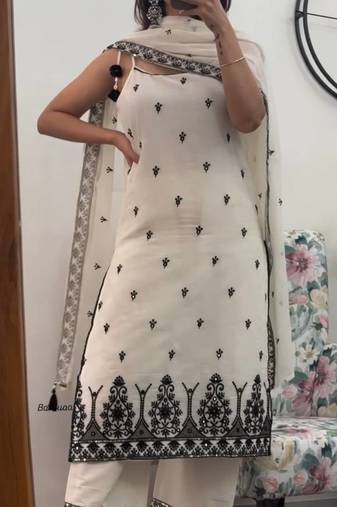 White Color Sequence And  Embroidery Work Silk blend Salwar Suit
