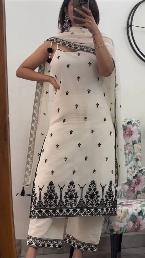 White Color Sequence And  Embroidery Work Silk blend Salwar Suit