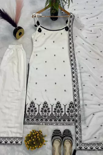 White Color Sequence And  Embroidery Work Silk blend Salwar Suit