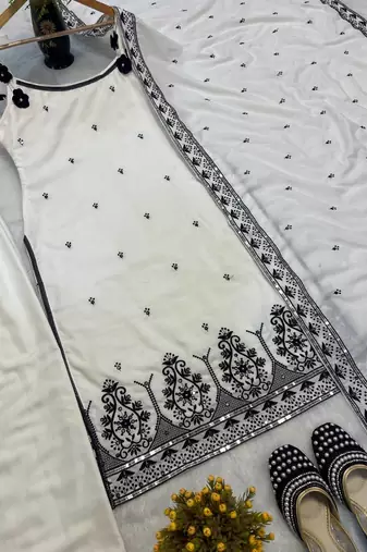 White Color Sequence And  Embroidery Work Silk blend Salwar Suit