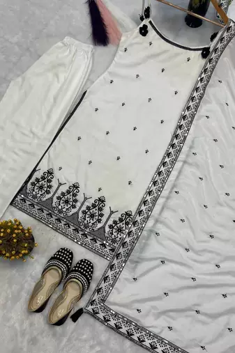 White Color Sequence And  Embroidery Work Silk blend Salwar Suit