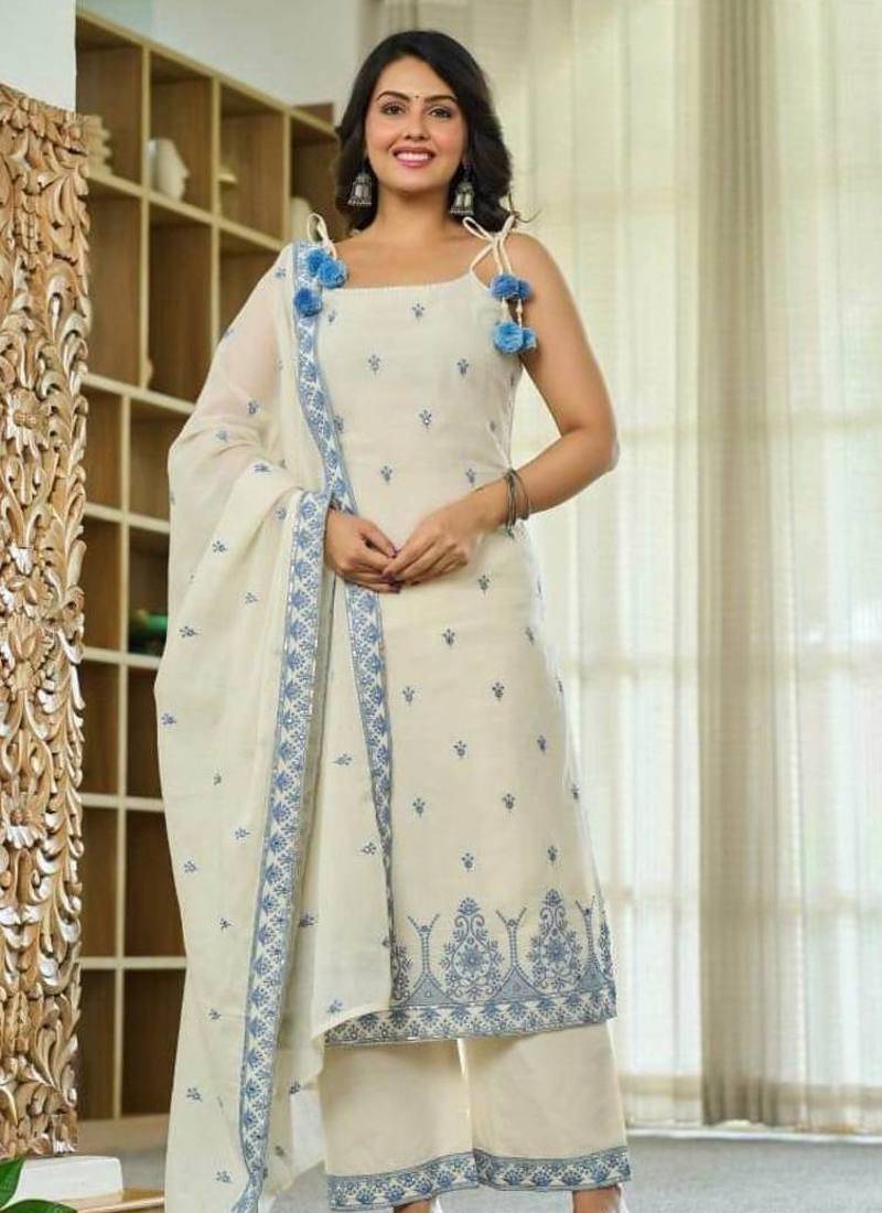 White Color Sequence And  Embroidery Work Silk blend Salwar Suit