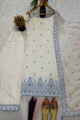 White Color Sequence And  Embroidery Work Silk blend Salwar Suit