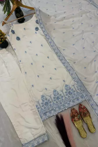 White Color Sequence And  Embroidery Work Silk blend Salwar Suit
