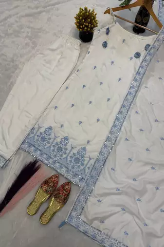 White Color Sequence And  Embroidery Work Silk blend Salwar Suit