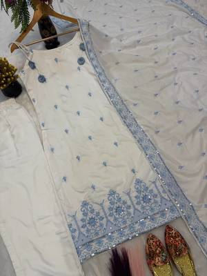 White Color Sequence And  Embroidery Work Silk blend Salwar Suit 5