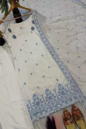 White Color Sequence And  Embroidery Work Silk blend Salwar Suit