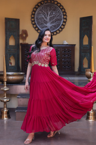Pink zari & sequins work blooming gown