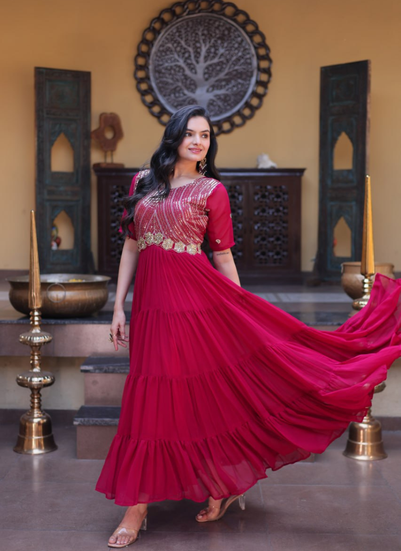 Pink zari & sequins work blooming gown