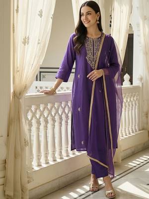 Women Ethnic Motifs Embroidered Kurta with Trousers & With Dupatta 6