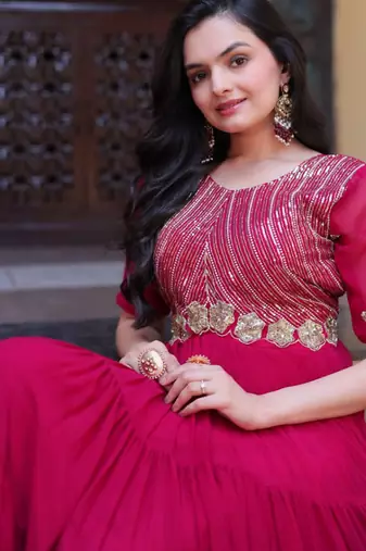 Pink zari & sequins work blooming gown