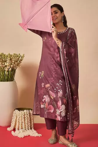 Women Floral Printed Thread Work Linen Kurta with Trousers & With Dupatta