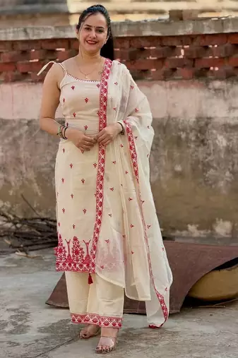 White Color Sequence And  Embroidery Work Silk Salwar Suit