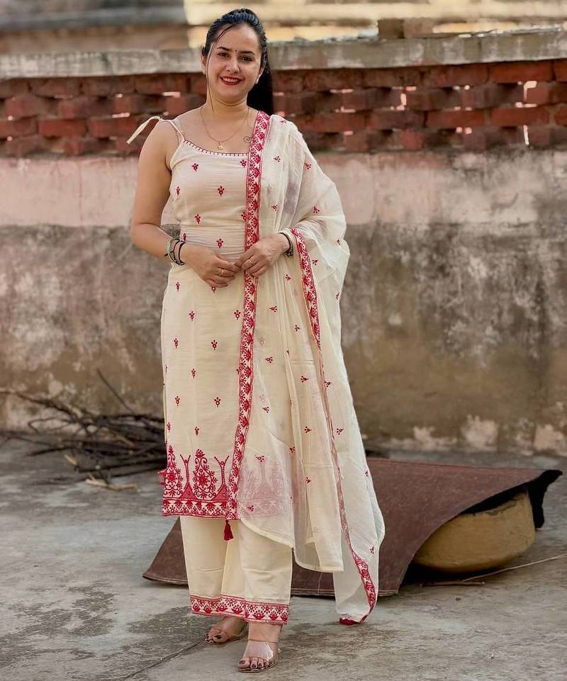 White Color Sequence And  Embroidery Work Silk Salwar Suit