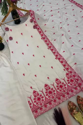 White Color Sequence And  Embroidery Work Silk Salwar Suit