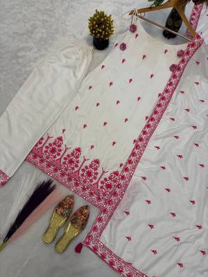 White Color Sequence And  Embroidery Work Silk Salwar Suit 3