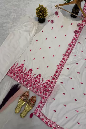 White Color Sequence And  Embroidery Work Silk Salwar Suit