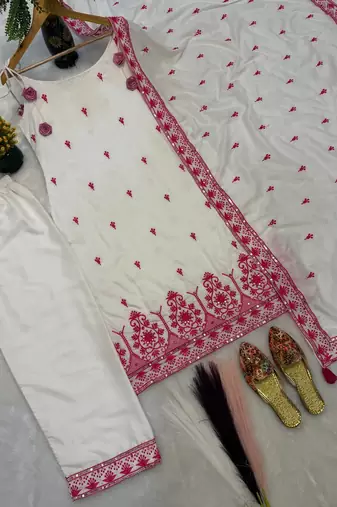 White Color Sequence And  Embroidery Work Silk Salwar Suit