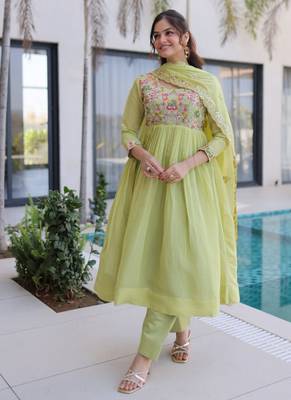 Green beads embroidery work mal chanderi anarkali set 1