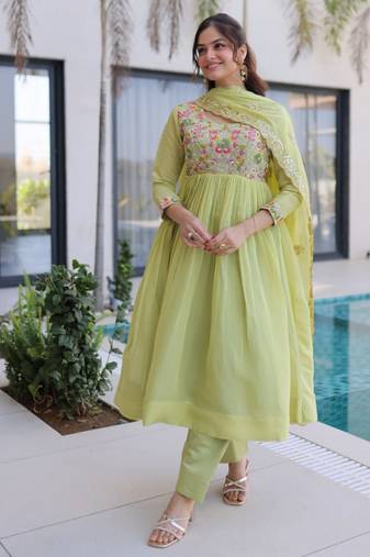 Green beads embroidery work mal chanderi anarkali set