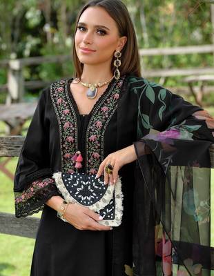 Floral Embroidered V-Neck Cotton A-Line Kurta With Trousers & Dupatta 1