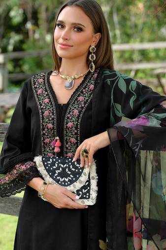 Floral Embroidered V-Neck Cotton A-Line Kurta With Trousers & Dupatta